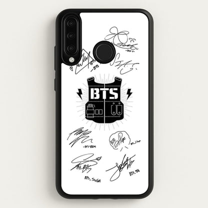 White K-Pop Band Army Logo and Signatures  - BTS Phone Case for Huawei P30 Lite
