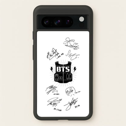 White K-Pop Band Army Logo and Signatures  - BTS Phone Case for Google Pixel 8 Pro
