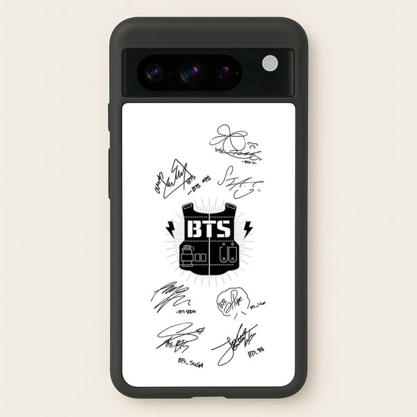 White K-Pop Band Army Logo and Signatures  - BTS Phone Case for Google Pixel 8 Pro