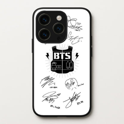 White K-Pop Band Army Logo and Signatures  - BTS Phone Case for iPhone 15 Pro