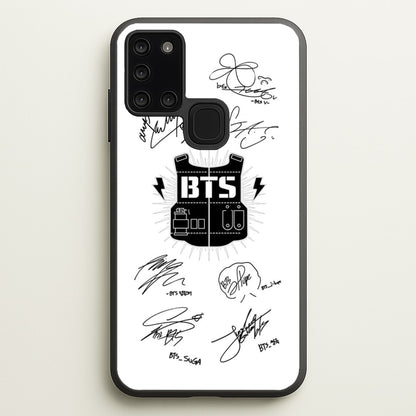 White K-Pop Band Army Logo and Signatures  - BTS Phone Case for Galaxy A21s