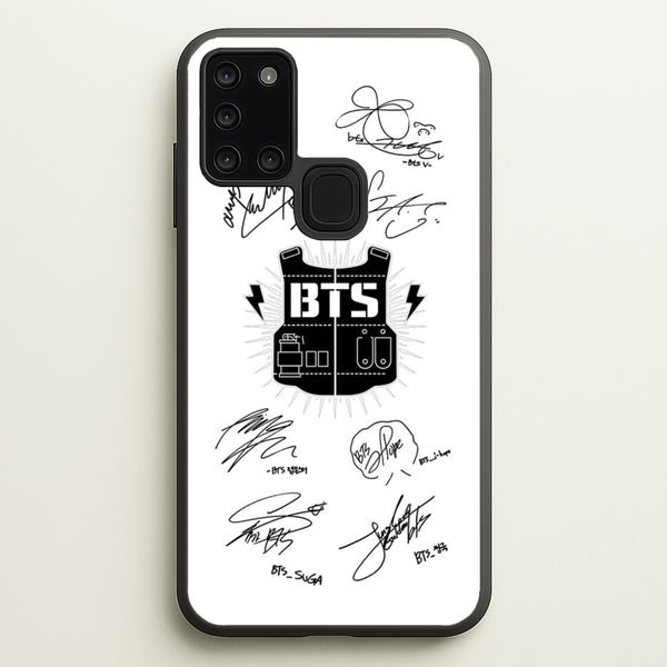 White K-Pop Band Army Logo and Signatures  - BTS Phone Case for Galaxy A21s