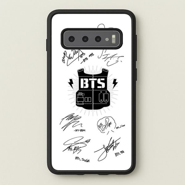 White K-Pop Band Army Logo and Signatures  - BTS Phone Case for Galaxy S10