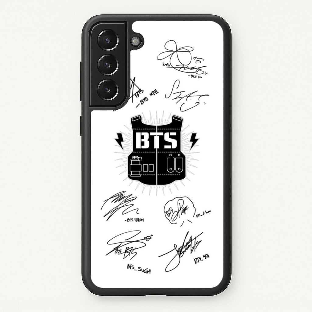 White K-Pop Band Army Logo and Signatures  - BTS Phone Case for Galaxy S21FE
