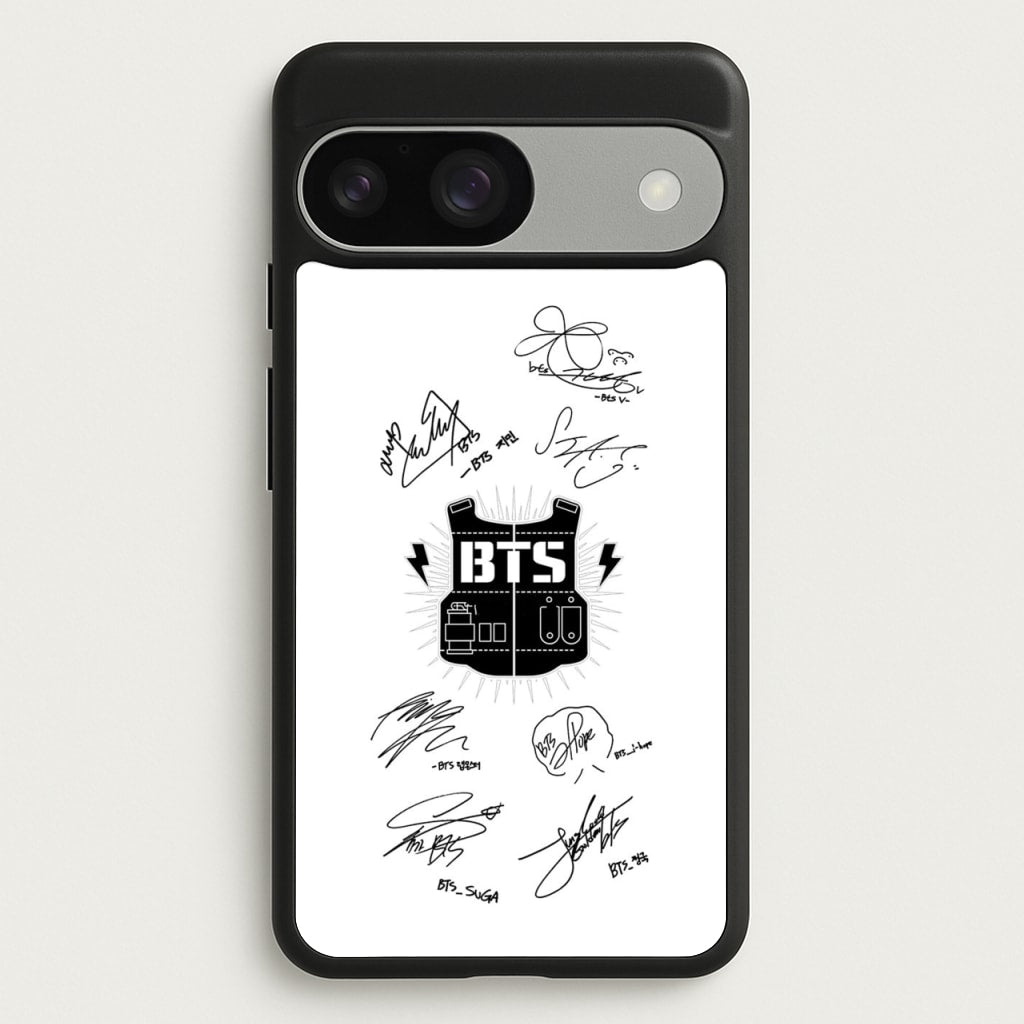White K-Pop Band Army Logo and Signatures  - BTS Phone Case for Google Pixel 9 / 9 Pro