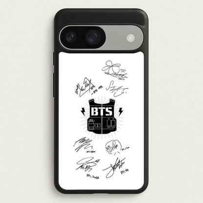 White K-Pop Band Army Logo and Signatures  - BTS Phone Case for Google Pixel 9 / 9 Pro