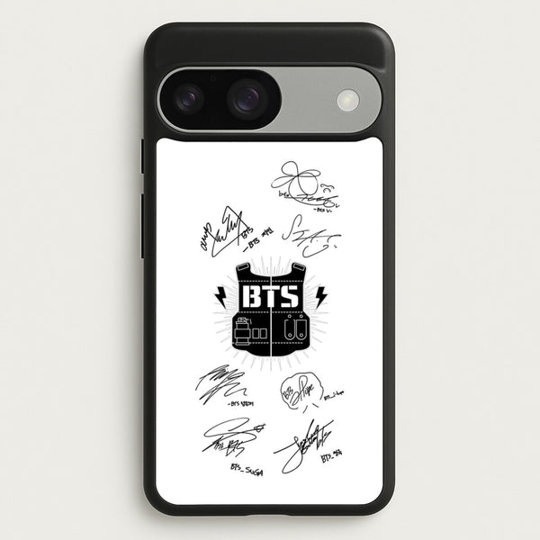 White K-Pop Band Army Logo and Signatures  - BTS Phone Case for Google Pixel 9 / 9 Pro