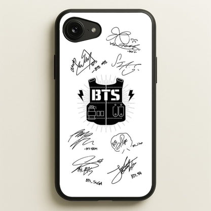 White K-Pop Band Army Logo and Signatures  - BTS Phone Case for iPhone 16e