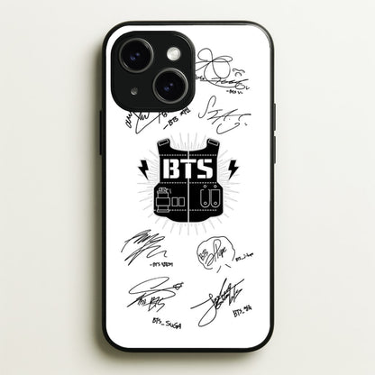 White K-Pop Band Army Logo and Signatures  - BTS Phone Case for iPhone 14