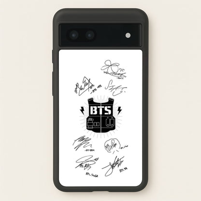 White K-Pop Band Army Logo and Signatures  - BTS Phone Case for Google Pixel 6a