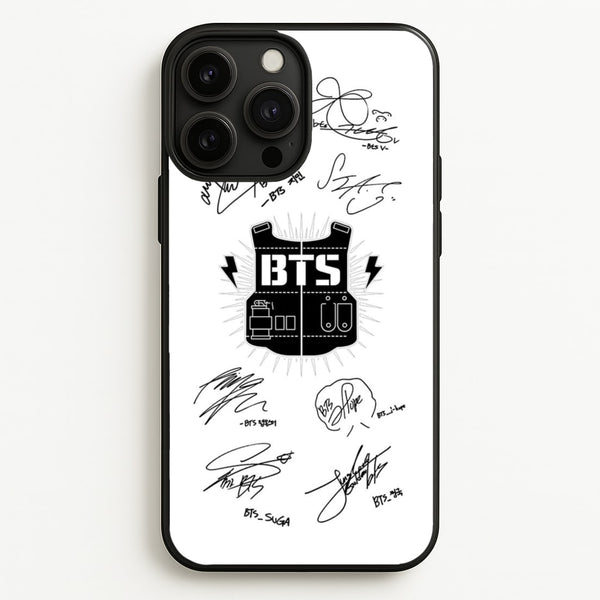 White K-Pop Band Army Logo and Signatures  - BTS Phone Case for iPhone 13 Pro Max
