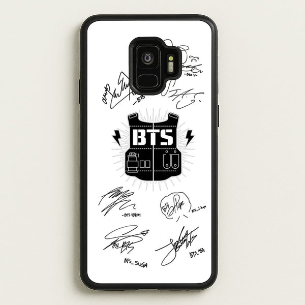White K-Pop Band Army Logo and Signatures  - BTS Phone Case for Galaxy S9