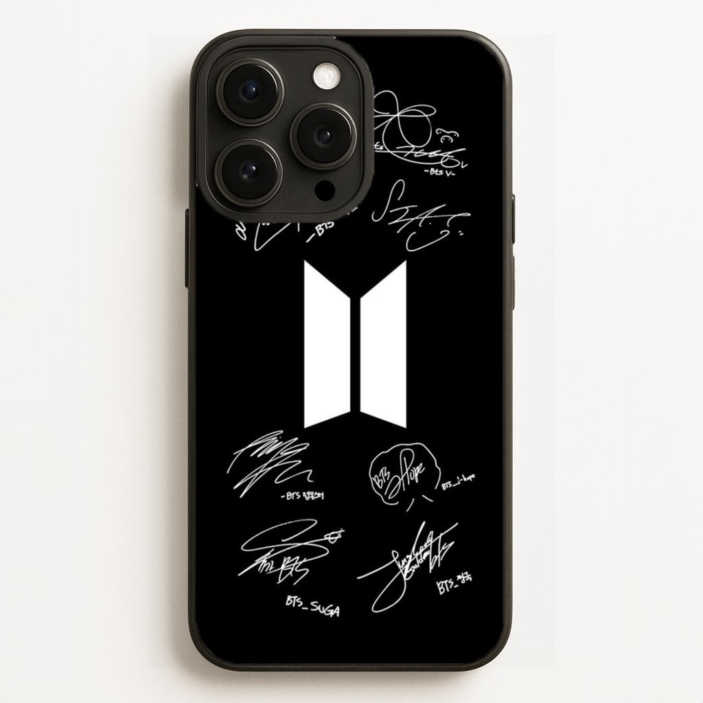 Black K-Pop Band Logo and Signatures  - BTS Phone Case for iPhone 16 Pro Max