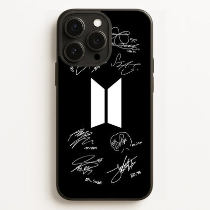Black K-Pop Band Logo and Signatures  - BTS Phone Case for iPhone 16 Pro Max