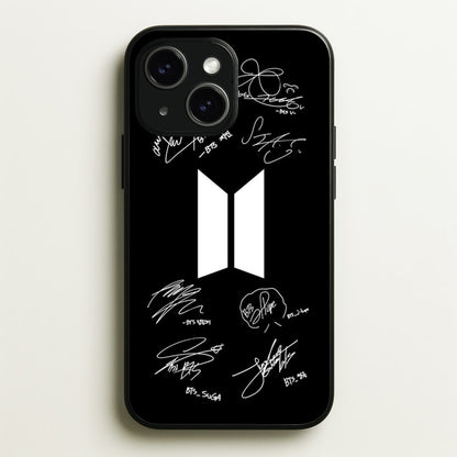 Black K-Pop Band Logo and Signatures  - BTS Phone Case for iPhone 15
