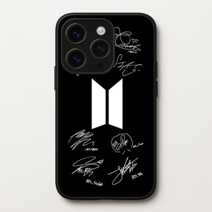 Black K-Pop Band Logo and Signatures  - BTS Phone Case for iPhone 15 Pro Max