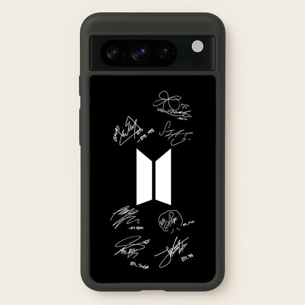 Black K-Pop Band Logo and Signatures  - BTS Phone Case for Google Pixel 8 Pro
