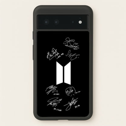 Black K-Pop Band Logo and Signatures  - BTS Phone Case for Google Pixel 6