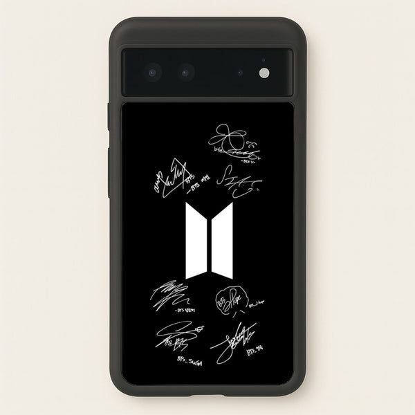 Black K-Pop Band Logo and Signatures  - BTS Phone Case for Google Pixel 6