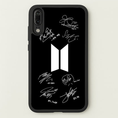 Black K-Pop Band Logo and Signatures  - BTS Phone Case for Huawei P20
