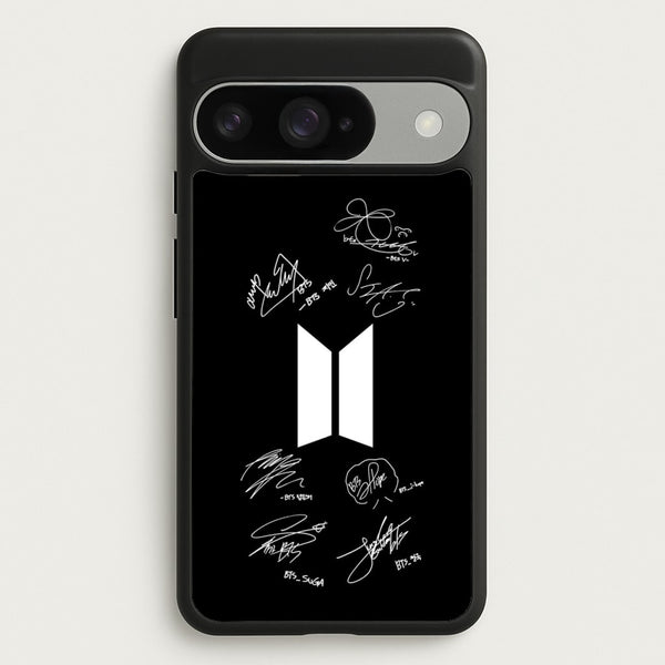Black K-Pop Band Logo and Signatures Phone Case for Google Pixel 10 / 10 Pro