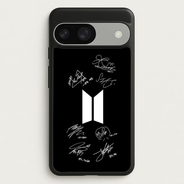 Black K-Pop Band Logo and Signatures  - BTS Phone Case for Google Pixel 9 / 9 Pro