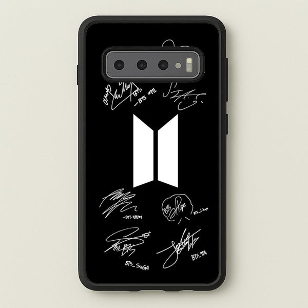 Black K-Pop Band Logo and Signatures  - BTS Phone Case for Galaxy S10 Plus
