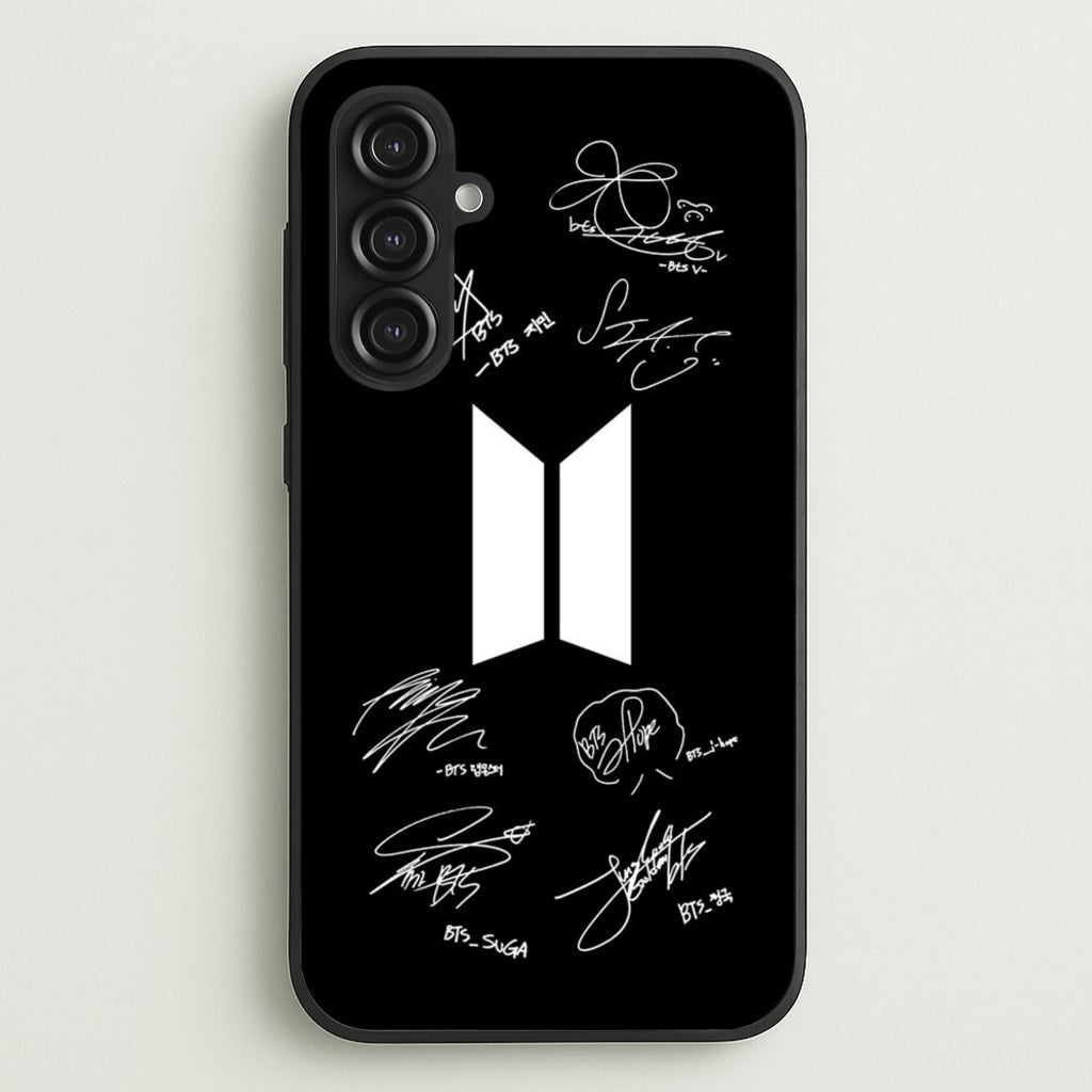 Black K-Pop Band Logo and Signatures  - BTS Phone Case for Galaxy S23FE