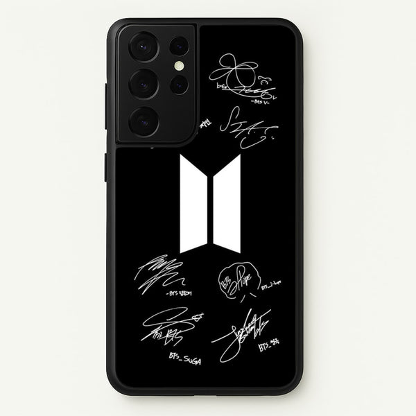 Black K-Pop Band Logo and Signatures  - BTS Phone Case for Galaxy S21 Ultra