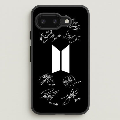 Black K-Pop Band Logo and Signatures  - BTS Phone Case for Google Pixel 9a