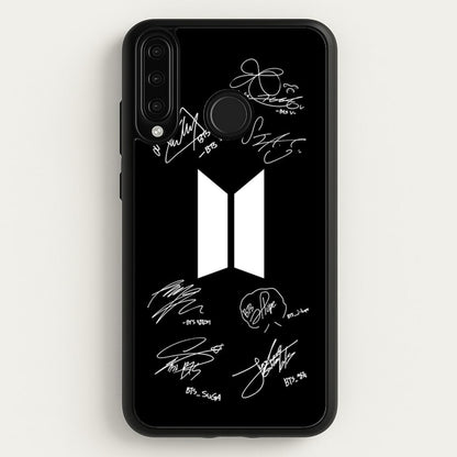 Black K-Pop Band Logo and Signatures  - BTS Phone Case for Huawei P30 Lite