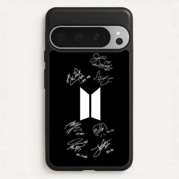 Black K-Pop Band Logo and Signatures  - BTS Phone Case for Google Pixel 9 Pro XL
