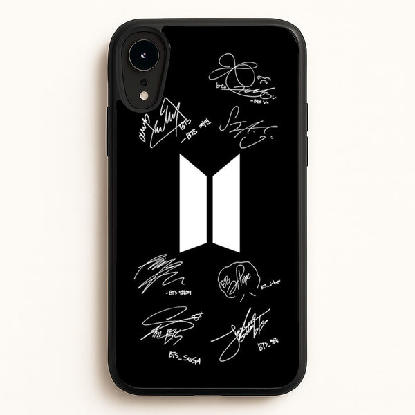 Black K-Pop Band Logo and Signatures  - BTS Phone Case for iPhone XR
