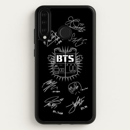 Black K-Pop Band Army Logo and Signatures  - BTS Phone Case for Huawei P30 Lite