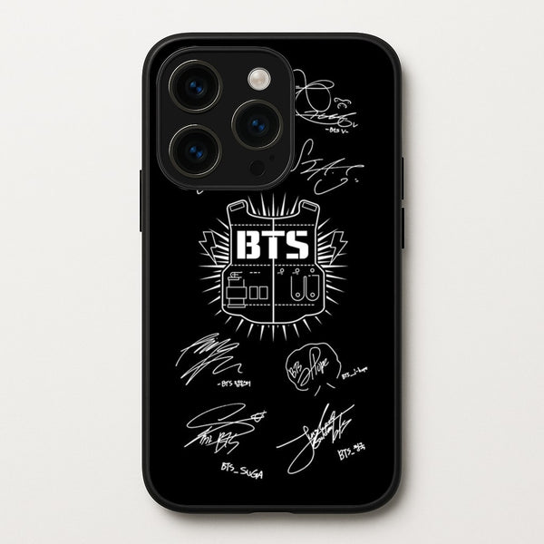 Black K-Pop Band Army Logo and Signatures  - BTS Phone Case for iPhone 14 Pro Max