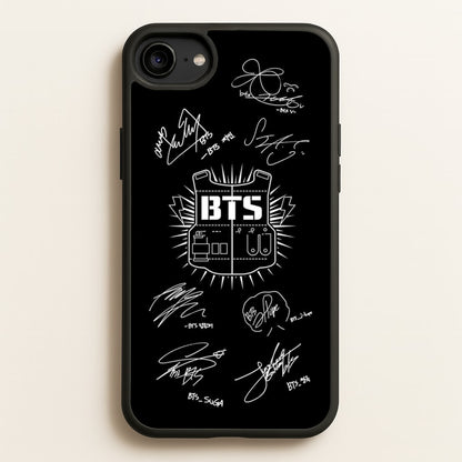 Black K-Pop Band Army Logo and Signatures  - BTS Phone Case for iPhone 6 / 7 / 8 / SE