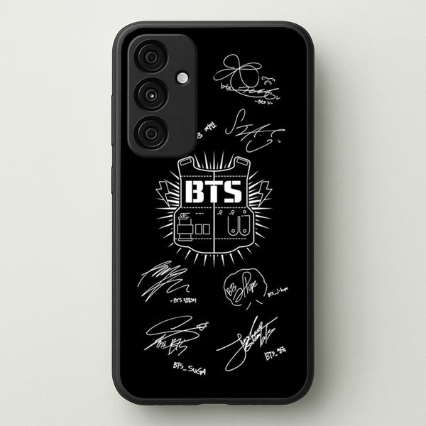 Black K-Pop Band Army Logo and Signatures  - BTS Phone Case for Galaxy A55