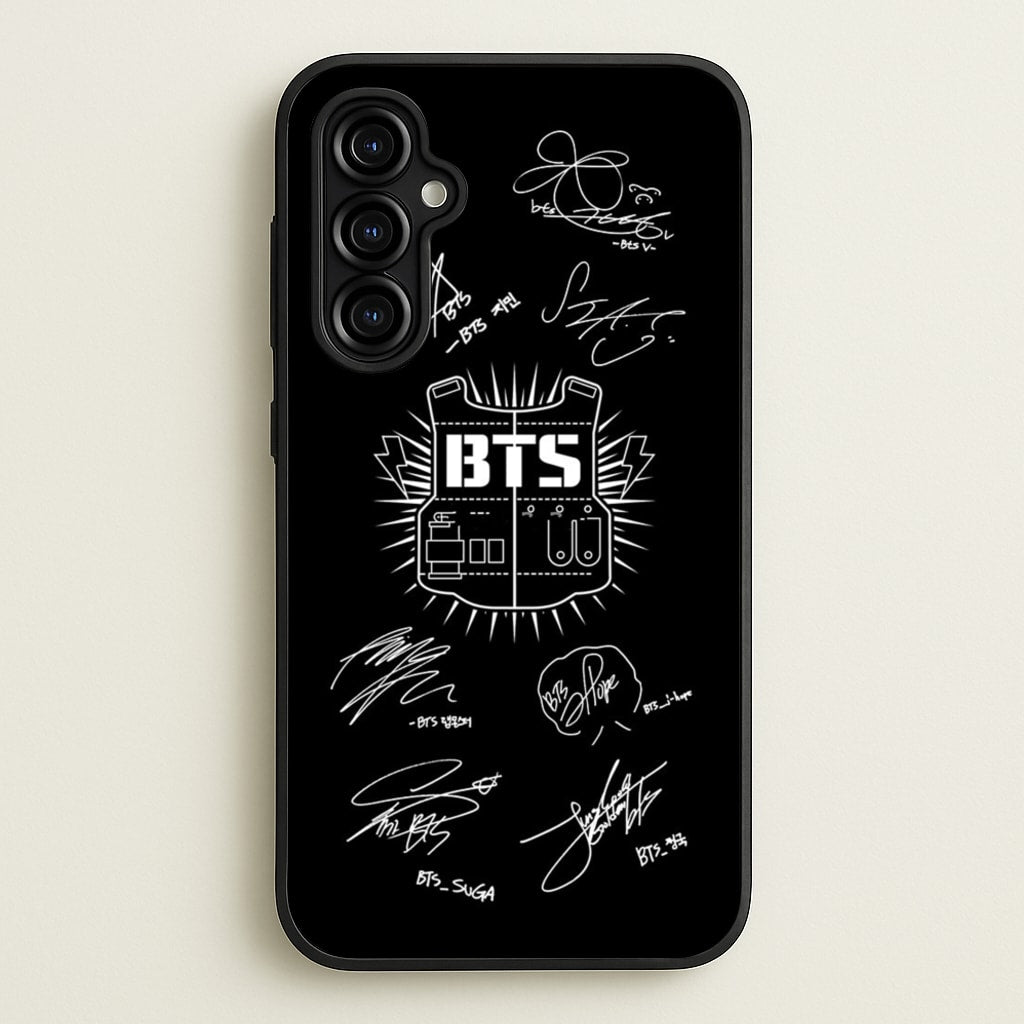 Black K-Pop Band Army Logo and Signatures  - BTS Phone Case for Galaxy A54