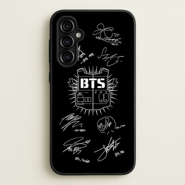 Black K-Pop Band Army Logo and Signatures  - BTS Phone Case for Galaxy A54