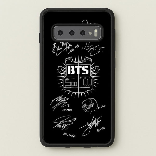 Black K-Pop Band Army Logo and Signatures  - BTS Phone Case for Galaxy S10