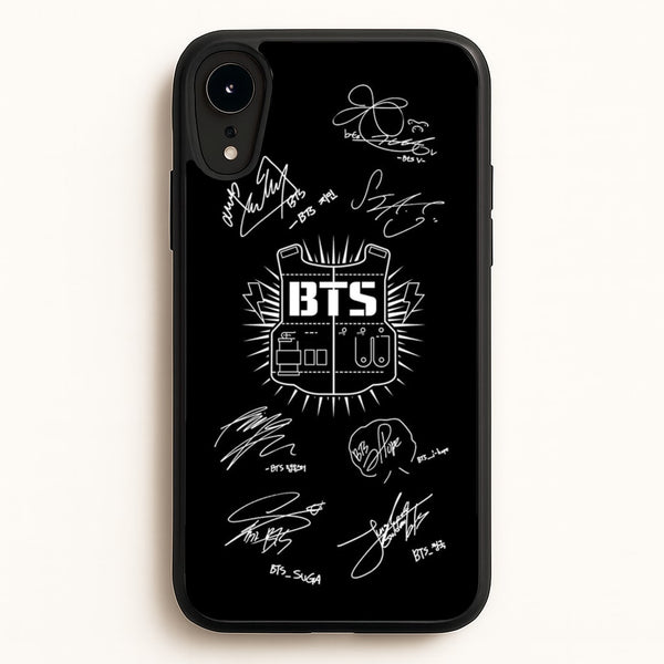 Black K-Pop Band Army Logo and Signatures  - BTS Phone Case for iPhone XR