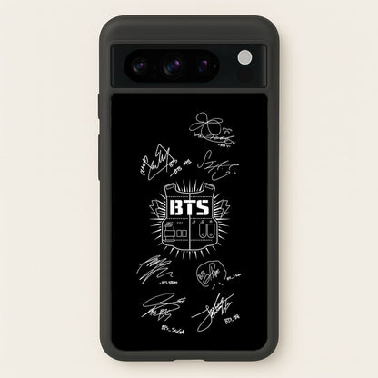 Black K-Pop Band Army Logo and Signatures  - BTS Phone Case for Google Pixel 8 Pro