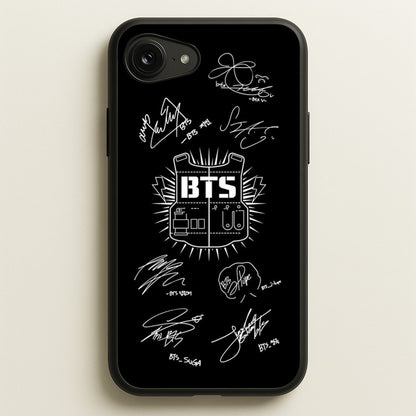 Black K-Pop Band Army Logo and Signatures  - BTS Phone Case for iPhone 16e