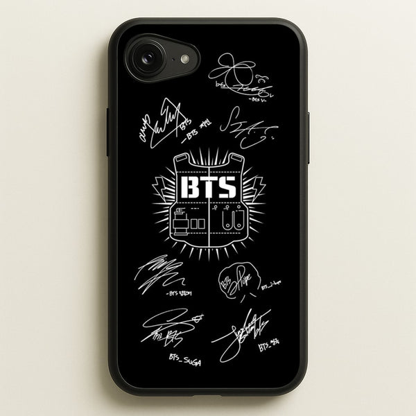 Black K-Pop Band Army Logo and Signatures  - BTS Phone Case for iPhone 16e