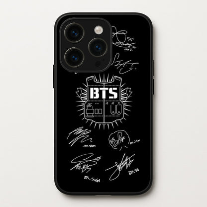 Black K-Pop Band Army Logo and Signatures  - BTS Phone Case for iPhone 14 Pro