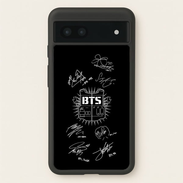 Black K-Pop Band Army Logo and Signatures  - BTS Phone Case for Google Pixel 7a