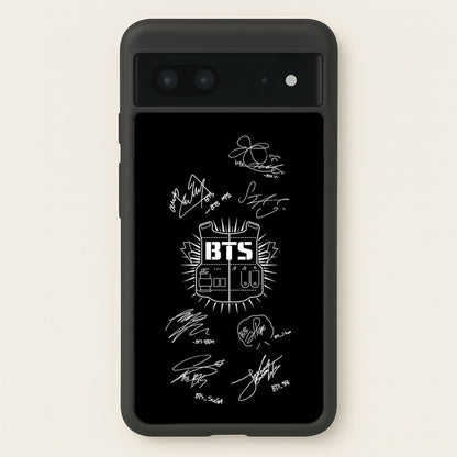 Black K-Pop Band Army Logo and Signatures  - BTS Phone Case for Google Pixel 7
