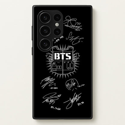 Black K-Pop Band Army Logo and Signatures  - BTS Phone Case for Galaxy S24 Ultra