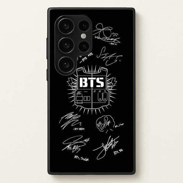 Black K-Pop Band Army Logo and Signatures  - BTS Phone Case for Galaxy S24 Ultra