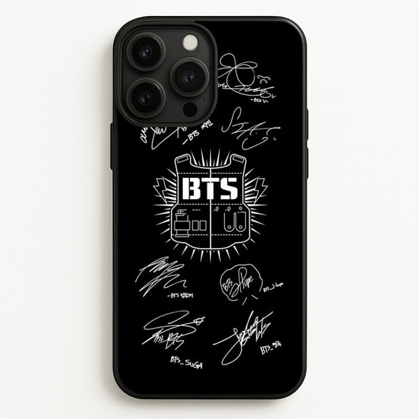 Black K-Pop Band Army Logo and Signatures  - BTS Phone Case for iPhone 13 Pro Max